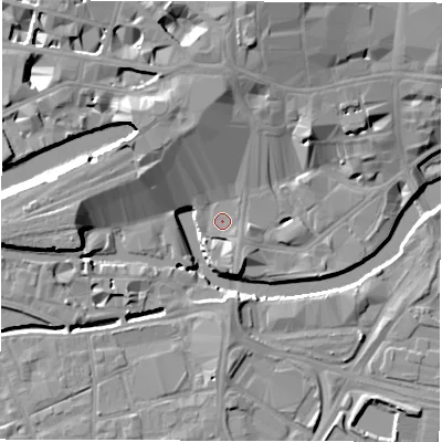 Shaded relief map of the ground around LS14BX, computed from Environment Agency LiDAR. The ground here sits at about 27 m above sea level and falls 16 m across the surrounding 800 m. Surface water reaching this point runs off ground lying to the north-north-west, 8.4 m higher.