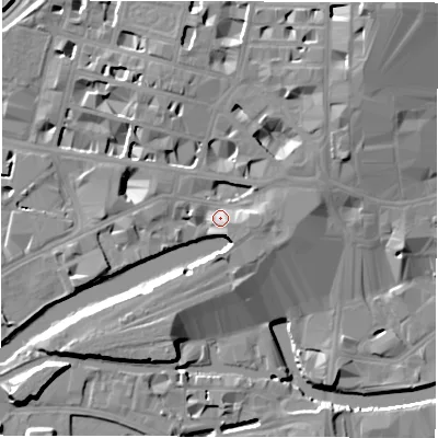 Shaded relief map of the ground around LS14BY, computed from Environment Agency LiDAR. The ground here sits at about 33 m above sea level and falls 24 m across the surrounding 800 m. Surface water reaching this point runs off ground lying to the east-south-east, 4.9 m higher.