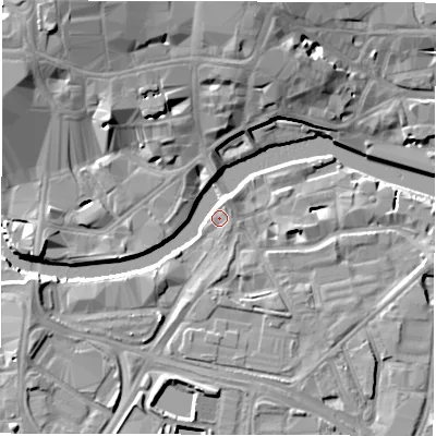 Shaded relief map of the ground around LS14DJ, computed from Environment Agency LiDAR. The ground here sits at about 26 m above sea level and falls 15 m across the surrounding 800 m. Surface water reaching this point runs off ground lying to the west-south-west, 6.6 m higher.