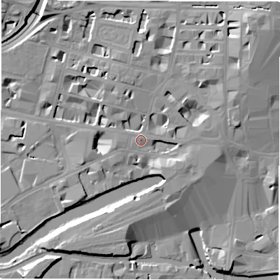 Shaded relief map of the ground around LS14DL, computed from Environment Agency LiDAR. The ground here sits at about 32 m above sea level and falls 26 m across the surrounding 800 m. Surface water reaching this point runs off ground lying to the north-east, 18.2 m higher.