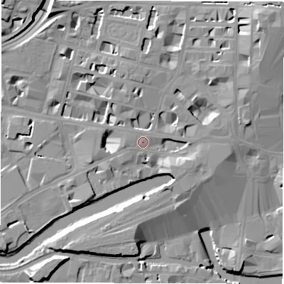 Shaded relief map of the ground around LS14DP, computed from Environment Agency LiDAR. The ground here sits at about 31 m above sea level and falls 25 m across the surrounding 800 m. Surface water reaching this point runs off ground lying to the north-east, 14.1 m higher.