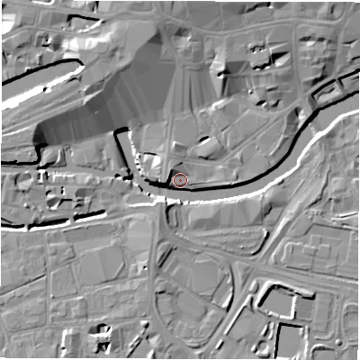 Shaded relief map of the ground around LS14DW, computed from Environment Agency LiDAR. The ground here sits at about 27 m above sea level and falls 12 m across the surrounding 800 m. Surface water reaching this point runs off ground lying to the north, 12.4 m higher.