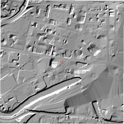 Shaded relief map of the ground around LS14EA, computed from Environment Agency LiDAR. The ground here sits at about 31 m above sea level and falls 25 m across the surrounding 800 m. Surface water reaching this point runs off ground lying to the north-east, 1.0 m higher.