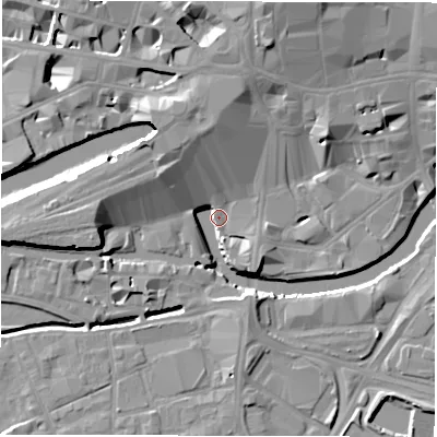 Shaded relief map of the ground around LS14ED, computed from Environment Agency LiDAR. The ground here sits at about 27 m above sea level and falls 16 m across the surrounding 800 m. Surface water reaching this point runs off ground lying to the north-north-west, 11.0 m higher.