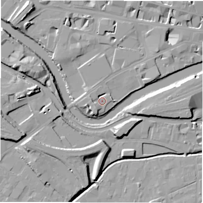 Shaded relief map of the ground around LS14EF, computed from Environment Agency LiDAR. The ground here sits at about 30 m above sea level and falls 13 m across the surrounding 800 m. Surface water reaching this point runs off ground lying to the south-west, 5.6 m higher.