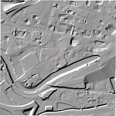 Shaded relief map of the ground around LS14EQ, computed from Environment Agency LiDAR. The ground here sits at about 30 m above sea level and falls 16 m across the surrounding 800 m. Surface water reaching this point runs off ground lying to the west-south-west, 2.1 m higher.