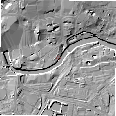 Shaded relief map of the ground around LS14ES, computed from Environment Agency LiDAR. The ground here sits at about 27 m above sea level and falls 15 m across the surrounding 800 m. Surface water reaching this point runs off ground lying to the north-north-west, 15.1 m higher.
