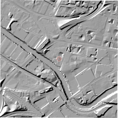 Shaded relief map of the ground around LS14ET, computed from Environment Agency LiDAR. The ground here sits at about 30 m above sea level and falls 19 m across the surrounding 800 m. Surface water reaching this point runs off ground lying to the north-east, 3.2 m higher.
