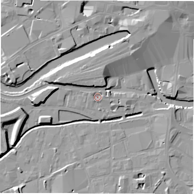 Shaded relief map of the ground around LS14EY, computed from Environment Agency LiDAR. The ground here sits at about 28 m above sea level and falls 12 m across the surrounding 800 m. Surface water reaching this point runs off ground lying to the north, 6.8 m higher.