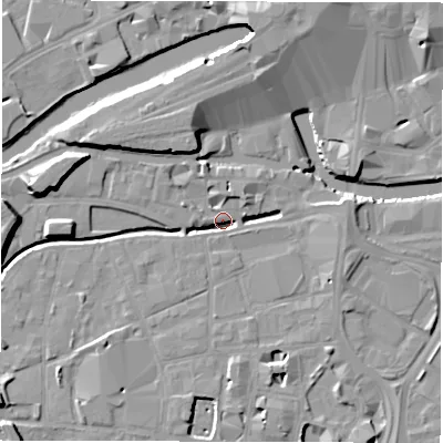 Shaded relief map of the ground around LS14FD, computed from Environment Agency LiDAR. The ground here sits at about 28 m above sea level and falls 11 m across the surrounding 800 m. Surface water reaching this point runs off ground lying to the south-south-west, 1.3 m higher.