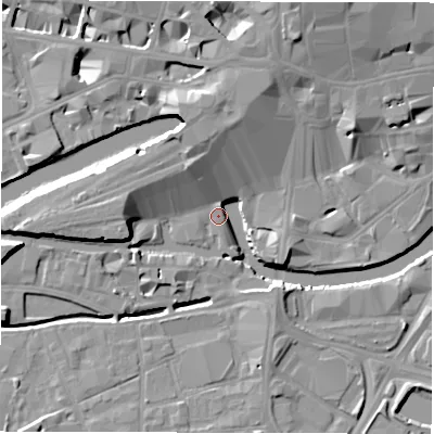 Shaded relief map of the ground around LS14GL, computed from Environment Agency LiDAR. The ground here sits at about 28 m above sea level and falls 16 m across the surrounding 800 m. Surface water reaching this point runs off ground lying to the west, 10.7 m higher.