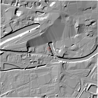 Shaded relief map of the ground around LS14GN, computed from Environment Agency LiDAR. The ground here sits at about 27 m above sea level and falls 15 m across the surrounding 800 m. Surface water reaching this point runs off ground lying to the west, 10.7 m higher.