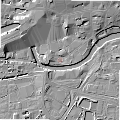 Shaded relief map of the ground around LS14GP, computed from Environment Agency LiDAR. The ground here sits at about 27 m above sea level and falls 14 m across the surrounding 800 m. Surface water reaching this point runs off ground lying to the north, 13.1 m higher.