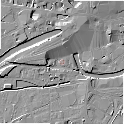 Shaded relief map of the ground around LS14GS, computed from Environment Agency LiDAR. The ground here sits at about 28 m above sea level and falls 15 m across the surrounding 800 m. Surface water reaching this point runs off ground lying to the west, 9.8 m higher.
