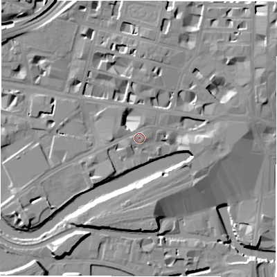 Shaded relief map of the ground around LS14HR, computed from Environment Agency LiDAR. The ground here sits at about 31 m above sea level and falls 24 m across the surrounding 800 m. Surface water reaching this point runs off ground lying to the north-east, 6.8 m higher.