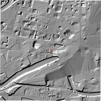 Shaded relief map of the ground around LS14HT, computed from Environment Agency LiDAR. The ground here sits at about 31 m above sea level and falls 25 m across the surrounding 800 m. Surface water reaching this point runs off ground lying to the north-east, 16.2 m higher.