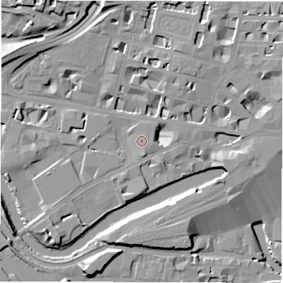 Shaded relief map of the ground around LS14JL, computed from Environment Agency LiDAR. The ground here sits at about 31 m above sea level and falls 19 m across the surrounding 800 m. Surface water reaching this point runs off ground lying to the east-north-east, 6.8 m higher.