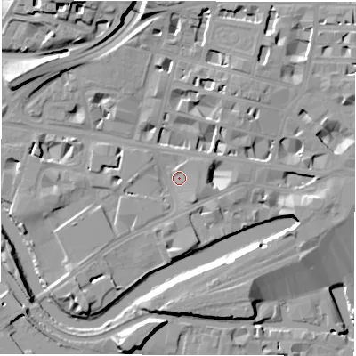 Shaded relief map of the ground around LS14JT, computed from Environment Agency LiDAR. The ground here sits at about 29 m above sea level and falls 18 m across the surrounding 800 m. Surface water reaching this point runs off ground lying to the east, 6.8 m higher.