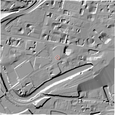 Shaded relief map of the ground around LS14JU, computed from Environment Agency LiDAR. The ground here sits at about 30 m above sea level and falls 18 m across the surrounding 800 m. Surface water reaching this point runs off ground lying to the east-north-east, 6.8 m higher.