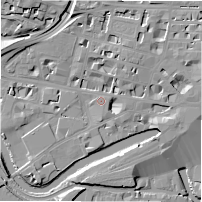 Shaded relief map of the ground around LS14JX, computed from Environment Agency LiDAR. The ground here sits at about 31 m above sea level and falls 19 m across the surrounding 800 m. Surface water reaching this point runs off ground lying to the east, 0.8 m higher.