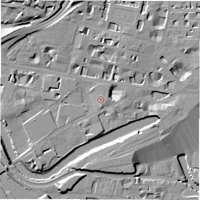 Shaded relief map of the ground around LS14JY, computed from Environment Agency LiDAR. The ground here sits at about 31 m above sea level and falls 19 m across the surrounding 800 m. Surface water reaching this point runs off ground lying to the east-north-east, 6.8 m higher.