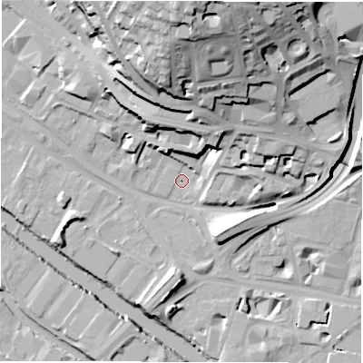 Shaded relief map of the ground around LS14LA, computed from Environment Agency LiDAR. The ground here sits at about 30 m above sea level and falls 41 m across the surrounding 800 m. Surface water reaching this point runs off ground lying to the north, 40.0 m higher.