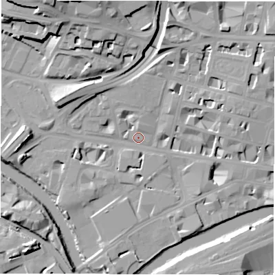 Shaded relief map of the ground around LS14LT, computed from Environment Agency LiDAR. The ground here sits at about 30 m above sea level and falls 23 m across the surrounding 800 m. Surface water reaching this point runs off ground lying to the north-north-west, 18.7 m higher.