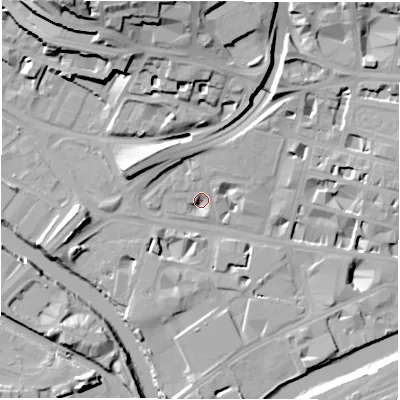 Shaded relief map of the ground around LS14LX, computed from Environment Agency LiDAR. The ground here sits at about 29 m above sea level and falls 30 m across the surrounding 800 m. Surface water reaching this point runs off ground lying to the north-north-west, 20.1 m higher.