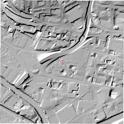 Shaded relief map of the ground around LS14LY, computed from Environment Agency LiDAR. The ground here sits at about 31 m above sea level and falls 34 m across the surrounding 800 m. Surface water reaching this point runs off ground lying to the north-north-west, 25.3 m higher.