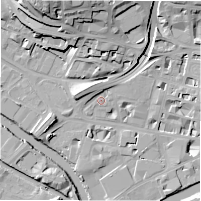 Shaded relief map of the ground around LS14ND, computed from Environment Agency LiDAR. The ground here sits at about 31 m above sea level and falls 33 m across the surrounding 800 m. Surface water reaching this point runs off ground lying to the north-north-west, 5.4 m higher.