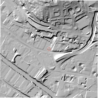 Shaded relief map of the ground around LS14PB, computed from Environment Agency LiDAR. The ground here sits at about 30 m above sea level and falls 39 m across the surrounding 800 m. Surface water reaching this point runs off ground lying to the north, 37.5 m higher.