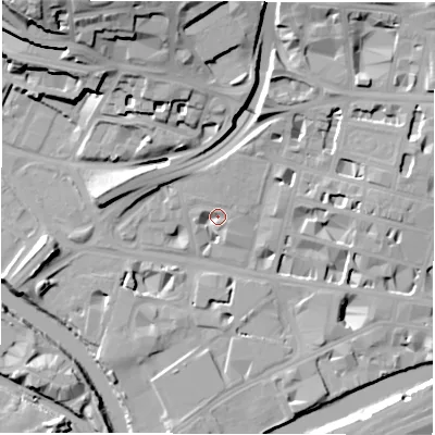 Shaded relief map of the ground around LS14SA, computed from Environment Agency LiDAR. The ground here sits at about 30 m above sea level and falls 32 m across the surrounding 800 m. Surface water reaching this point runs off ground lying to the north, 1.9 m higher.