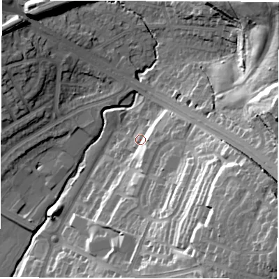 Shaded relief map of the ground around LS150NH, computed from Environment Agency LiDAR. The ground here sits at about 39 m above sea level and falls 46 m across the surrounding 800 m. Surface water reaching this point runs off ground lying to the east-south-east, 9.2 m higher.