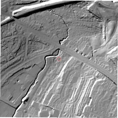 Shaded relief map of the ground around LS150NQ, computed from Environment Agency LiDAR. The ground here sits at about 37 m above sea level and falls 46 m across the surrounding 800 m. Surface water reaching this point runs off ground lying to the east-south-east, 13.3 m higher.