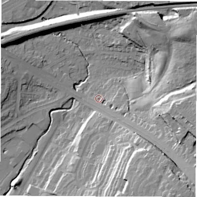 Shaded relief map of the ground around LS157JL, computed from Environment Agency LiDAR. The ground here sits at about 39 m above sea level and falls 44 m across the surrounding 800 m. Surface water reaching this point runs off ground lying to the south-east, 6.3 m higher.