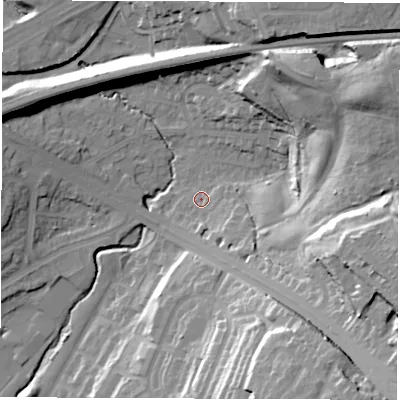Shaded relief map of the ground around LS157JN, computed from Environment Agency LiDAR. The ground here sits at about 38 m above sea level and falls 41 m across the surrounding 800 m. Surface water reaching this point runs off ground lying to the east-south-east, 34.3 m higher.