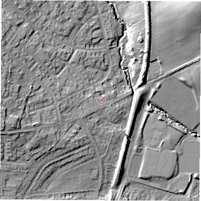 Shaded relief map of the ground around LS158SP, computed from Environment Agency LiDAR. The ground here sits at about 82 m above sea level and falls 25 m across the surrounding 800 m. Surface water reaching this point runs off ground lying to the west, 5.8 m higher.