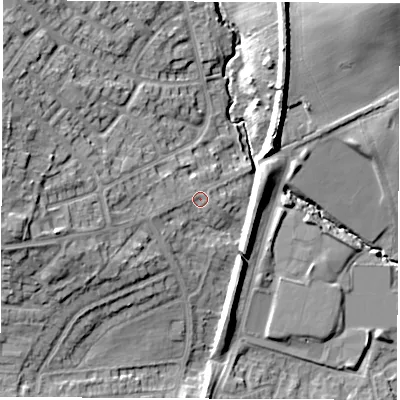 Shaded relief map of the ground around LS158SW, computed from Environment Agency LiDAR. The ground here sits at about 82 m above sea level and falls 24 m across the surrounding 800 m. Surface water reaching this point runs off ground lying to the west-south-west, 1.6 m higher.