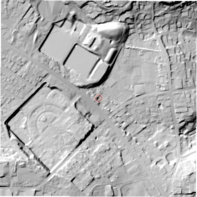 Shaded relief map of the ground around LS165LG, computed from Environment Agency LiDAR. The ground here sits at about 92 m above sea level and falls 41 m across the surrounding 800 m. Surface water reaching this point runs off ground lying to the west-north-west, 3.9 m higher.