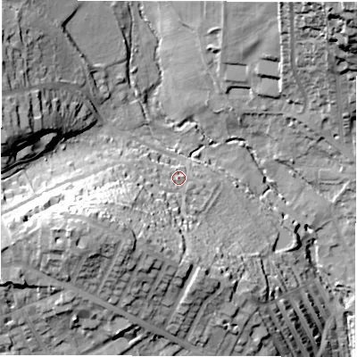 Shaded relief map of the ground around LS165NE, computed from Environment Agency LiDAR. The ground here sits at about 65 m above sea level and falls 45 m across the surrounding 800 m. Surface water reaching this point runs off ground lying to the south-west, 30.0 m higher.