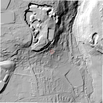 Shaded relief map of the ground around LS165NY, computed from Environment Agency LiDAR. The ground here sits at about 84 m above sea level and falls 58 m across the surrounding 800 m. Surface water reaching this point runs off ground lying to the north-west, 21.7 m higher.