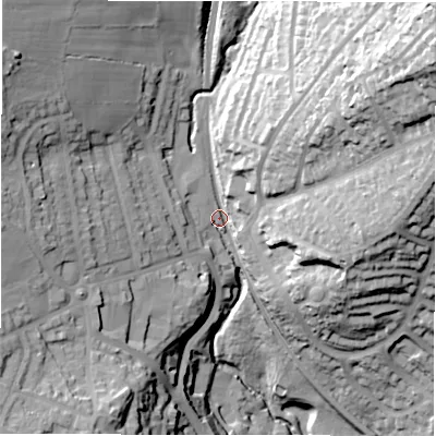 Shaded relief map of the ground around LS167FG, computed from Environment Agency LiDAR. The ground here sits at about 110 m above sea level and falls 72 m across the surrounding 800 m. Surface water reaching this point runs off ground lying to the north-east, 53.0 m higher.
