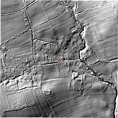 Shaded relief map of the ground around LS170AY, computed from Environment Agency LiDAR. The ground here sits at about 47 m above sea level and falls 28 m across the surrounding 800 m. Surface water reaching this point runs off ground lying to the south-west, 13.4 m higher.