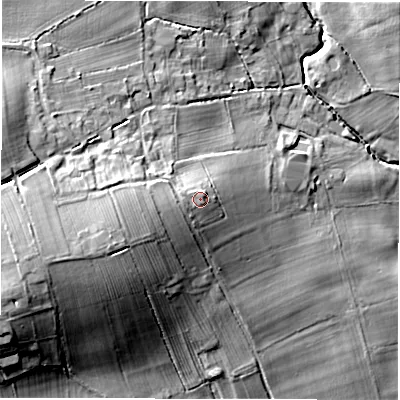 Shaded relief map of the ground around LS170AZ, computed from Environment Agency LiDAR. The ground here sits at about 54 m above sea level and falls 19 m across the surrounding 800 m. Surface water reaching this point runs off ground lying to the west-south-west, 2.5 m higher.