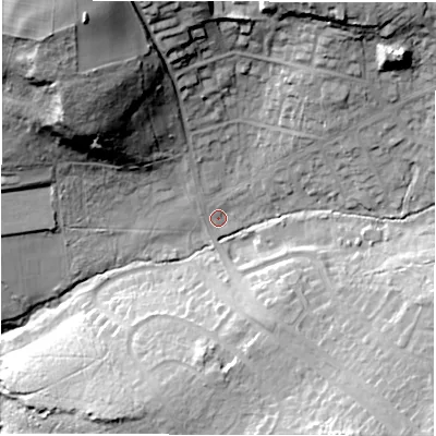 Shaded relief map of the ground around LS177AW, computed from Environment Agency LiDAR. The ground here sits at about 121 m above sea level and falls 56 m across the surrounding 800 m. Surface water reaching this point runs off ground lying to the north-west, 38.4 m higher.