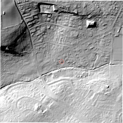 Shaded relief map of the ground around LS177BG, computed from Environment Agency LiDAR. The ground here sits at about 123 m above sea level and falls 45 m across the surrounding 800 m. Surface water reaching this point runs off ground lying to the north-north-east, 12.3 m higher.