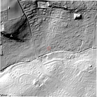 Shaded relief map of the ground around LS177HP, computed from Environment Agency LiDAR. The ground here sits at about 122 m above sea level and falls 48 m across the surrounding 800 m. Surface water reaching this point runs off ground lying to the north-north-east, 4.9 m higher.