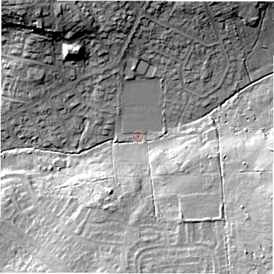 Shaded relief map of the ground around LS177NT, computed from Environment Agency LiDAR. The ground here sits at about 126 m above sea level and falls 30 m across the surrounding 800 m. Surface water reaching this point runs off ground lying to the north, 16.2 m higher.