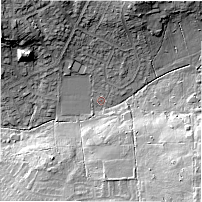 Shaded relief map of the ground around LS177RE, computed from Environment Agency LiDAR. The ground here sits at about 128 m above sea level and falls 27 m across the surrounding 800 m. Surface water reaching this point runs off ground lying to the north, 15.7 m higher.