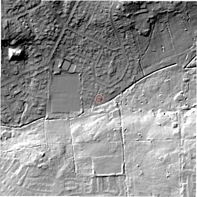 Shaded relief map of the ground around LS177RF, computed from Environment Agency LiDAR. The ground here sits at about 128 m above sea level and falls 26 m across the surrounding 800 m. Surface water reaching this point runs off ground lying to the north-north-east, 19.2 m higher.